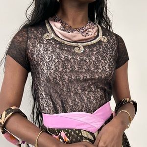 Vtg. 50s 60s Sheer Brown Floral Lace & Sequin Pearl Swirl Accent Top